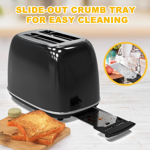 Toaster 2 Slice, Retro Stainless Steel Toaster with 6 Settings, 1.5 In Extra Wide Slots, Removable Crumb Tray, Bagel