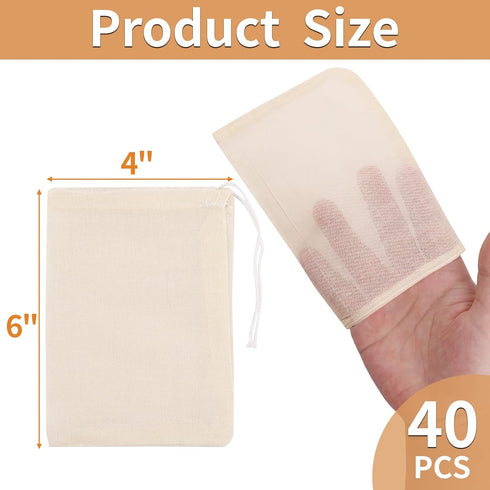 40 Pcs Empty Spice Bags for Cooking Soup, Reusable Tea Bags for Loose Tea, 4x6 In Natural Muslin Drawstring Bag, Small Cheese Cloth Cotton Bag for Straining, Unbleached Cheesecloth Herb Sachet Bag