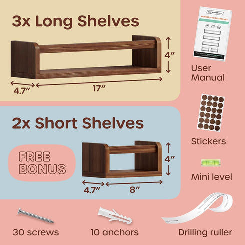 3 2 HOMEY PANDA Wall-Mounted Nursery Bookshelves - Long + Mini Shelves, Kids Room Storage (Walnut Pine Wood)