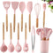 Silicone Cooking Utensil Set, 12 Pieces with Wooden Handles, Kitchen Spatula Sets with Holder Spoon Turner Tongs