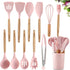 Silicone Cooking Utensil Set, 12 Pieces with Wooden Handles, Kitchen Spatula Sets with Holder Spoon Turner Tongs