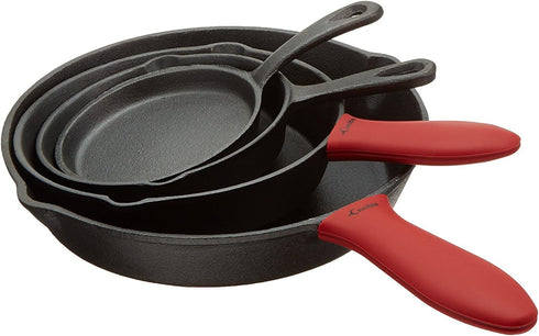 Cast Iron Skillets Set of 4 (Pre-seasoned) 10 Inch - 5.1 Inch, Includes Large & Small Silicone Hot Handle Holders
