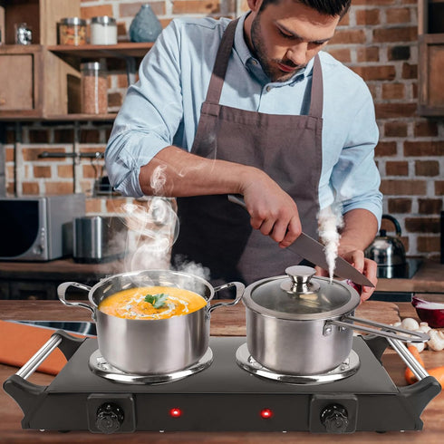 Electric Hot Plate, 2000W Double Burner with Adjustable Temperature & Handles, Black Stainless Steel Cooktop for Home
