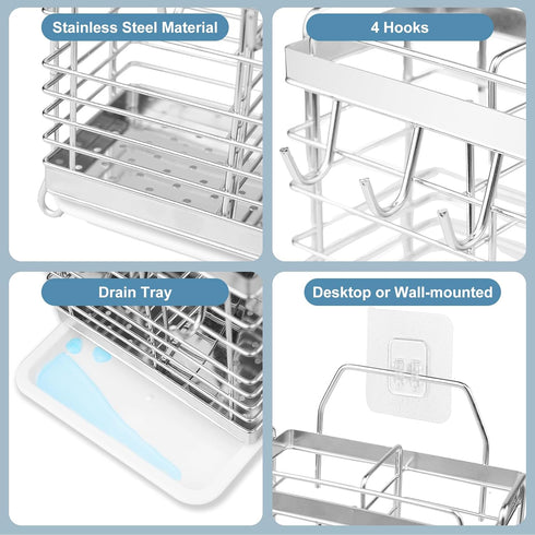 Stainless Steel Utensil Holder with 2 Compartments, Drying Rack for Kitchen Counter, Silverware Organizer