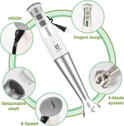 Immersion Hand Blender, UTALENT 5-in-1 8-Speed with 500ml Food Grinder, 600ml Container, Milk Frother, White
