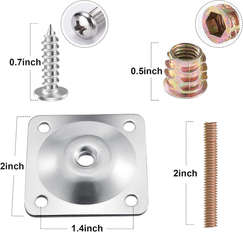 Leg Mounting Plates, 4 Sets Furniture Leg Attachment Plates, 5/16"(M8) Industrial Grade Flat Mounting T-Plates with