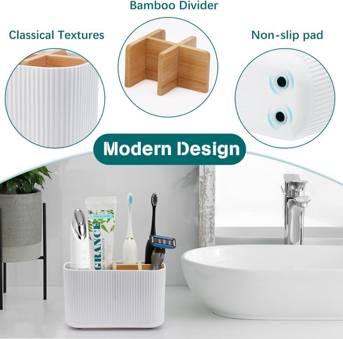 White Toothbrush Holder, Bamboo Organizer for Bathrooms, Electric Toothbrush Holders for Countertop