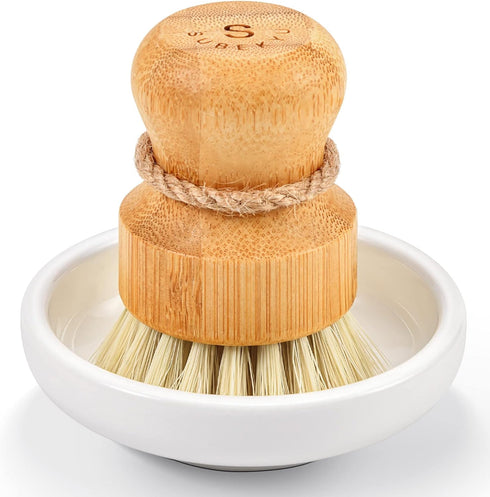 SUBEKYU Bamboo Dish Scrub Brush for Kitchen Sink, Natural Wooden Washing Dish