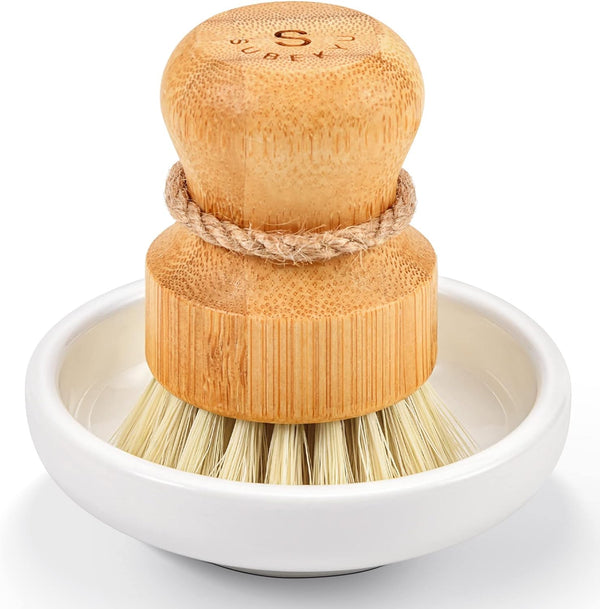 SUBEKYU Bamboo Dish Scrub Brush for Kitchen Sink, Natural Wooden Washing Dish