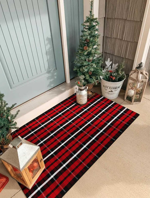 LEEVAN Buffalo Plaid Front Door Mat 24"x 51", Cotton Checkered, Washable, Outdoor Doormat for Kitchen, Bathroom