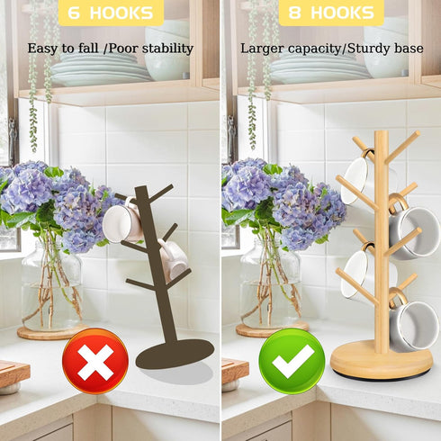 Mug Holder Tree, Upgraded 360° Rotated 8 Hooks Coffee Cup Holder, Wood Rack for Kitchen Home Organizer