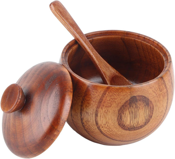Hapivida Wooden Salt Box Spice Jar, Salt Cellar with Lid and Spoon, Seasoning Container Holder for Kitchen Serving