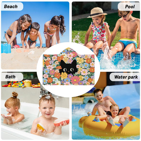 30x50 Flower Cat Beach Towel for Girls, Floral Cat Beach Towel, Cats Hooded Bath Towel, Cats Lover Gifts for Girls Boys