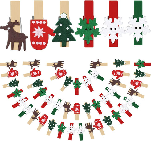 Boao Christmas Wood Clips - 60 Pieces Photo Clips for Christmas Tree, Elk Gloves, Snowflake Clothespins