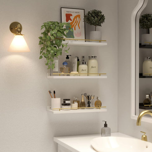 Set 3, WOPITUES Floating Shelves with Gold Metal Guardrail, Shelves for Wall Decor of Wall Shelves for Bedroom