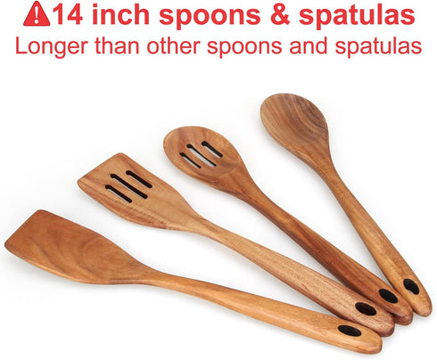4-Piece 14" Large Wooden Utensils Set for Cooking Spatula Long Handled Slotted Spoon Non-Stick Utensil Slotted Turner Mixing Spoons with Hole Best Wood Kitchen Spatula Stirring Serving Spoons by Renawe