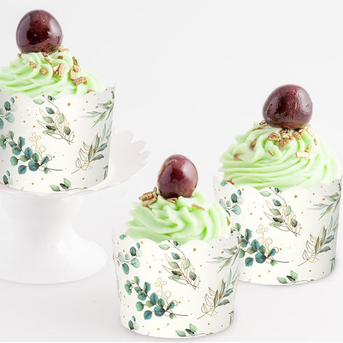 100Pcs Eucalyptus Leaf Paper Baking Cups, Green Gold Foil Leaves Cupcake Wrappers for Parties