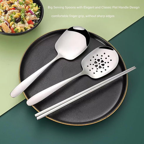 X-Large Serving Spoons Set - 9.8 Inch Slotted Spoon and Serving Spoon, 18/8 Stainless Steel Cooking Utensils, Pack of 2