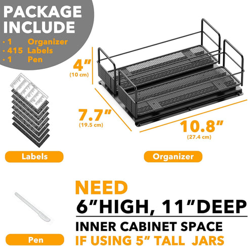 7.7" x10.8 x4 2 1-Tier SpaceAid Pull Out Spice Rack Organizer for Cabinet, Heavy Duty Slide Out Seasoning Kitchen