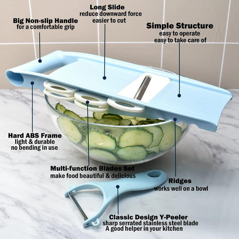 5 in 1 Mandoline Slicer for Kitchen, Blue Vegetable Slicer Multi Blade, Veggie Shredder, Potato Chip Cutter, Julienne