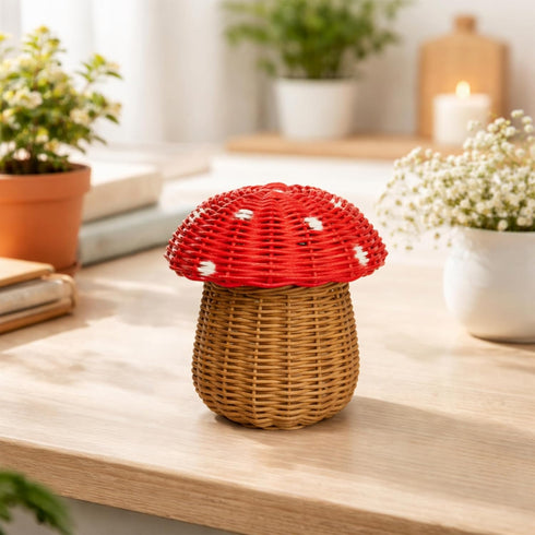 G6 COLLECTION Mini Mushroom Rattan Storage Basket With Lid Decorative Bin Home Decor Hand Woven Shelf Organizer Cute