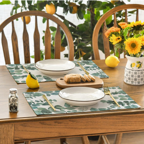 Artoid Mode Eucalyptus Leaves Summer Placemats for Dining Table, 12 x 18 Inch Set of 4 Green Rustic Vintage Washable