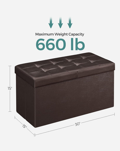 SONGMICS Folding Storage Ottoman Bench 30 Inches, Faux Leather, Brown, Footstool with Flipping Lid, ULSF45BR