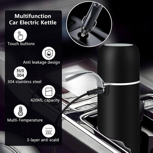 12V/24V 420ML 304 Car Kettle, Portable Electric Travel Kettle & Stainless Steel Water Boiler with Built-in Magnetic