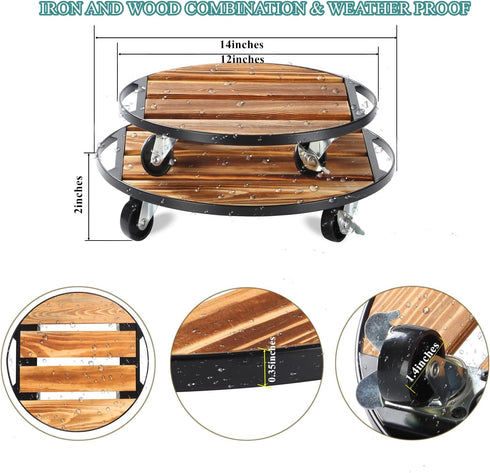 PRAQECZ 2 Pack Wheels,14" 12" 264 LB 360 Plant Caddy with + Rolling Plant Stand Heavy Duty, Iron and Wood Round Plant