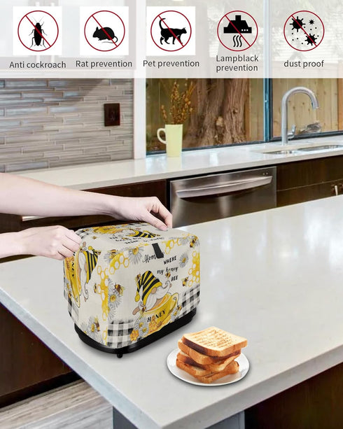 Honey Gnomes Toaster Cover, 4 Slice, Spring Floral Yellow Summer Bee Black Plaid, Dust Cover