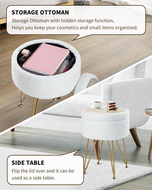 UASND51W ABHENG Storage Ottoman Round Footrest Stool, Vanity Stool Chair Faux Teddy Fur with Storage, Modern