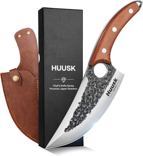 Huusk Upgraded Japan Kitchen Knife, Hand Forged Viking Butcher Knife with Sheath for Meat Cutting and BBQ