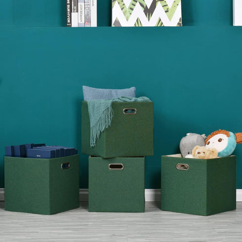Grass Green Cube Storage Bins 11×11 Linen Foldable Box Set of 4, Large Capacity Collapsible Organization Basket for