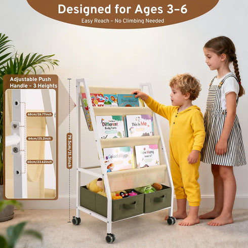 EARLY MINDS 3-Tier Kids Bookshelf with Storage, Wheels & Handle, Montessori Sling Book Organizer for Toddlers
