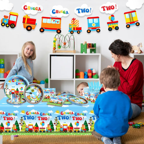 Lenyunge 142PCS Set 2nd Chuagaa Chugga Two Two Birthday Decoration Train Paper Plates Tableware - Transportation Table