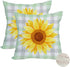 2 Pack Waterproof Sunflower Pillow Covers, 16x16 Inch Green Buffalo Plaid Yellow Floral Throw Cases for Outdoor Decor