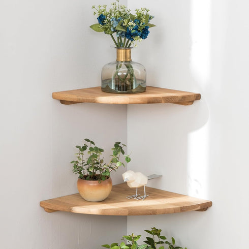 Set 2 7inch Corner Shelves, Floating Corner Shelf, of Solid Oak Wood Wall Shelves, Round End Wall Mount with Wire Hole