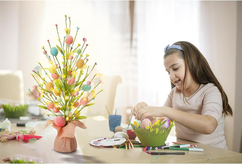 18 Inch Summer RoseCraft Easter Decorations, Artificial Pre-Lit Easter Egg Tree Tabletop Decor with Delicate Ornaments