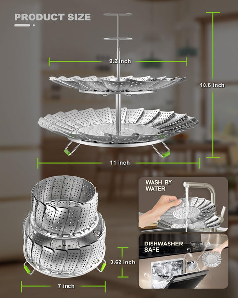 Vegetable Steamer Basket - 2 Layer Large Capacity Food Steamer for Cooking, Stainless Steel Folding Expandable