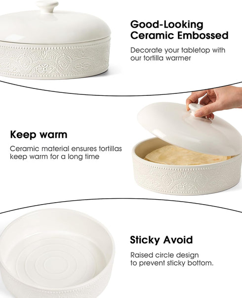 8.8 Inch FE Ceramic Tortilla Warmer,Lace Emboss Tortilla Holder with Lid for Taco Tuesday, Mexican Night and Party,Taco