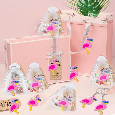 24 Pack Pink Flamingo Keyring - Party Favor for Flamingo Lovers, Guest Return Gift, Hawaii Themed Party