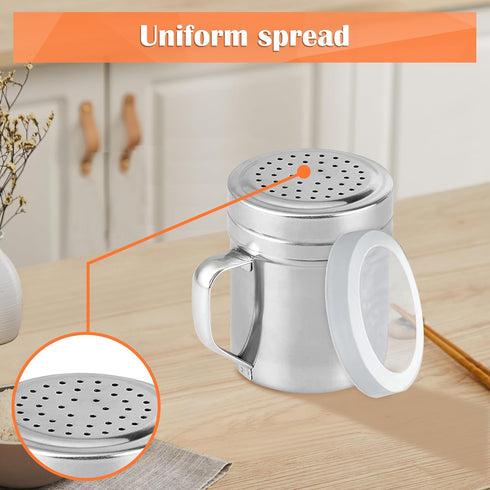 Metal Salt Pepper Dredge Shakers, 2Pcs Stainless Steel Seasoning Jar with Handle, Suitable for Pepper, Cinnamon, Coffee