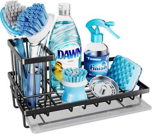 Consumest Sink Caddy Kitchen Sponge Holder + Dish Brush Holder with Drip Tray for Countertop, Stainless Steel, Black