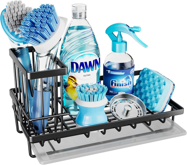 Consumest Sink Caddy Kitchen Sponge Holder + Dish Brush Holder with Drip Tray for Countertop, Stainless Steel, Black