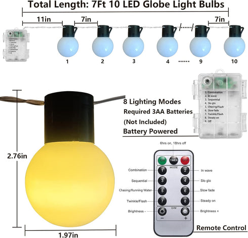 7Ft 10 G50 Globe String Lights Battery Powered LED Edison Shatterproof Light String with Remote Timer, Indoor String