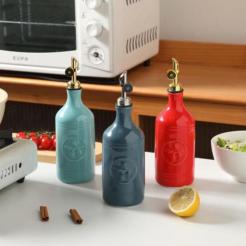 16 Oz 1 Pack(Red, Sweejar Ceramic Olive Oil Dispenser Bottle, Oil Dispenser for Kitchen with Gravity Spout, Relief