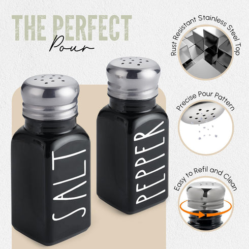 Black Salt and Pepper Shakers Set by Brighter Barns - Cute Black Kitchen Decor - Gothic or Halloween Kitchen Decor -Farmhouse Glass Shaker for Home Restaurants Weddings & Stainless Steel Lid (Black) by Brighter Barns