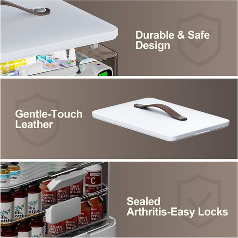 4-Tier CTIME XL Medicine Organizer - Portable Medicine Cabinet with Leather Handle, Empty First Aid Kit for Home