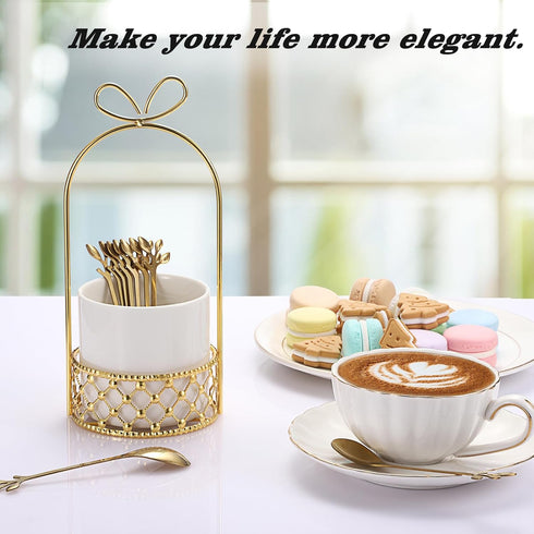 ELLDOO Coffee Spoon Set, 8 Stainless Steel Gold Leaf Coffee Spoons with White Ceramic Holder