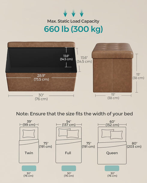 SONGMICS Storage Ottoman Bench, Foldable Foot Rest, 15 x 30 x 15 Inches, End of Bed Storage Chest, Coffee Brown